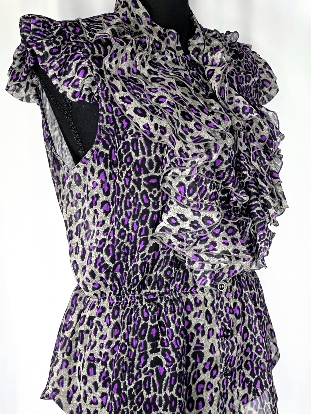 Miley Cyrus Max Azria Blouse Women XL Leopard Print Ruffle Sheer Peplum Top - Picture 6 of 8